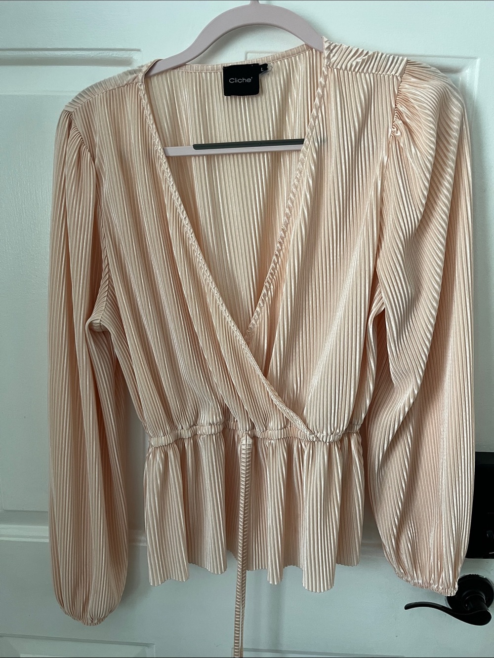Cliché Cream Pleated Wrap Blouse with Cinch Waist